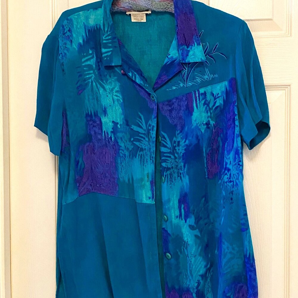 CM Shapes Aqua-Purple Ladies Short Sleeve Rayon Blouse, Large